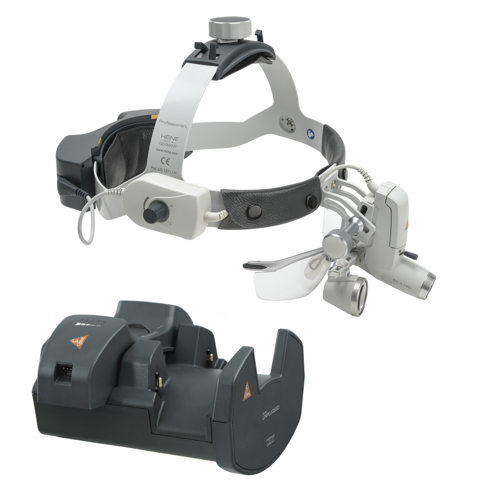HEINE ML4 LED HeadLight en cinta craneal Professional L, lupa binocular HR 2,5x/520mm, S-GUARD, transformador de pared EN 50 UNPLUGGED, 2 x mPack UNPLUGGED
