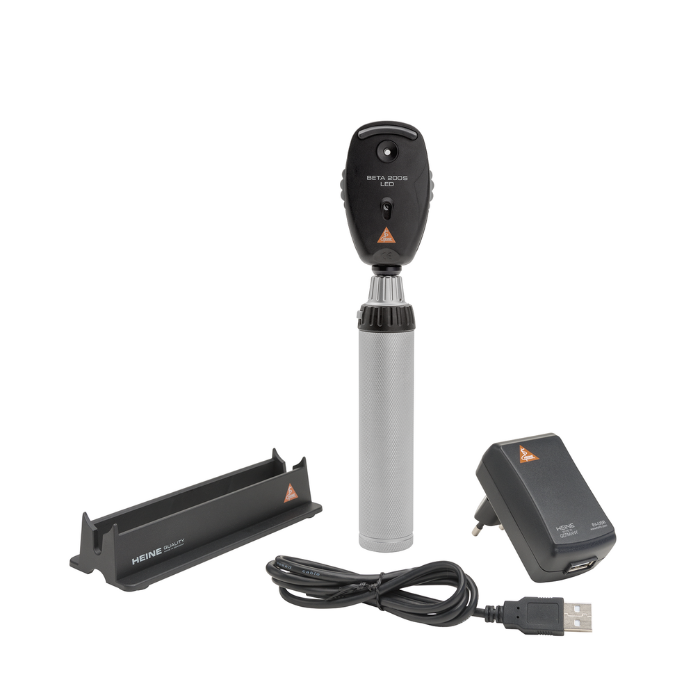 Ophtalmoscope HEINE BETA 200S LED, poignée rechargeable BETA4 USB avec cordon USB et alimentation électrique rechargeable