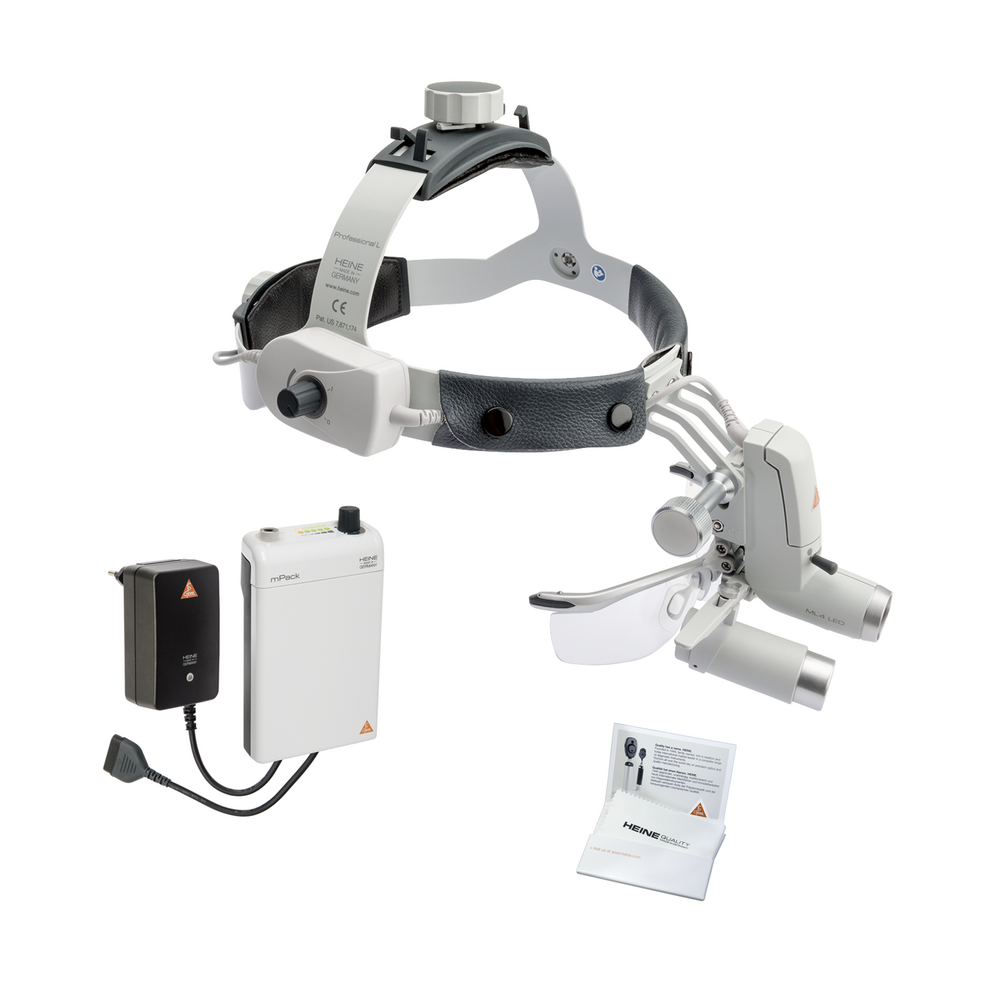 HEINE ML4 LED HeadLight con cinta craneal Professional L, lupa binocular HRP 3,5x/420mm, S-GUARD, mPack, transformador enchufable