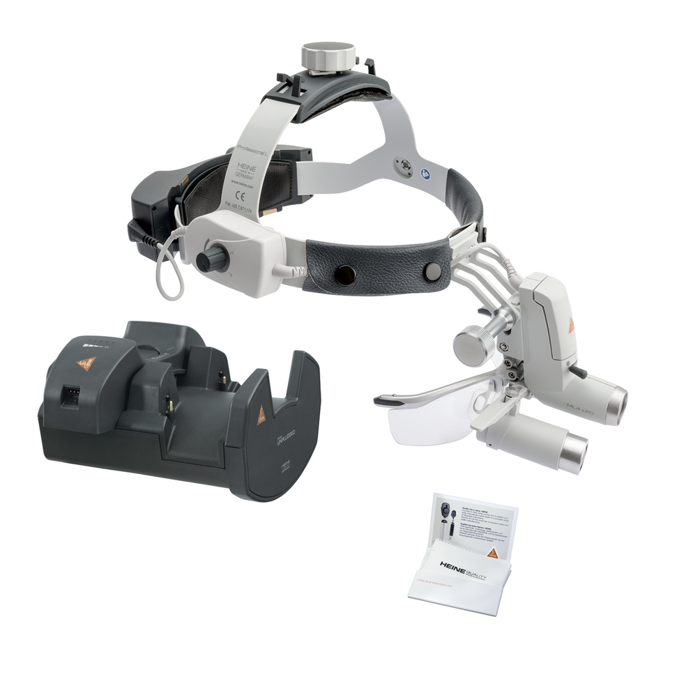 HEINE ML4 LED HeadLight con cinta craneal Professional L, lupa binocular HRP 3,5x/420mm, S-GUARD, transformador de pared EN 50 UNPLUGGED, 2 x mPack UNPLUGGED