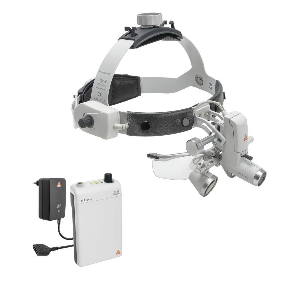HEINE ML4 LED HeadLight en cinta craneal Professional L, lupa binocular HR 2,5x/420mm, S-GUARD, mPack, transformador enchufable