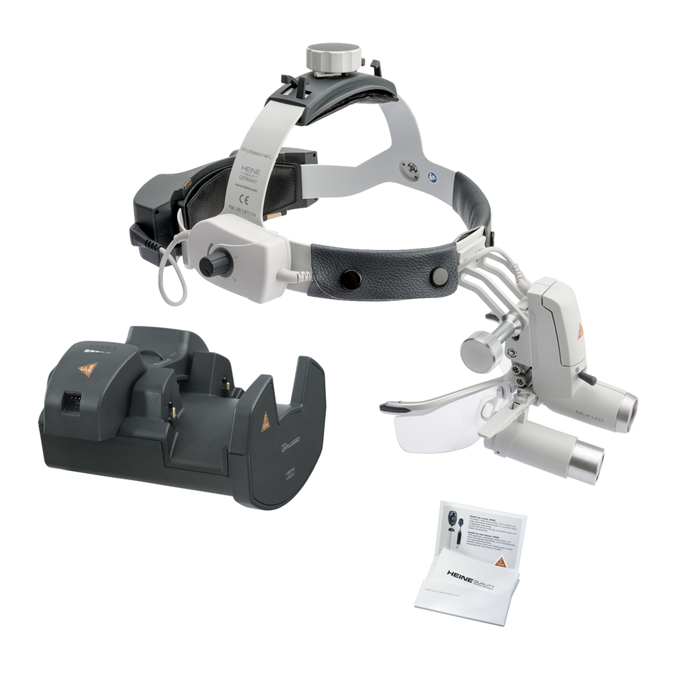 HEINE ML4 LED HeadLight con cinta craneal Professional L, lupa binocular HRP 6x/340mm, S-GUARD, transformador de pared EN 50 UNPLUGGED, 2 x mPack UNPLUGGED
