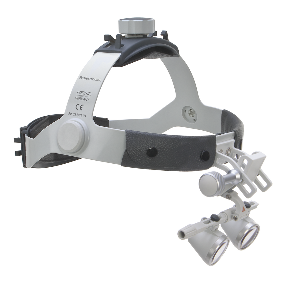 HEINE HR 2.5x High Resolution Binocular Loupes 340 mm working distance, on Professional L Headband