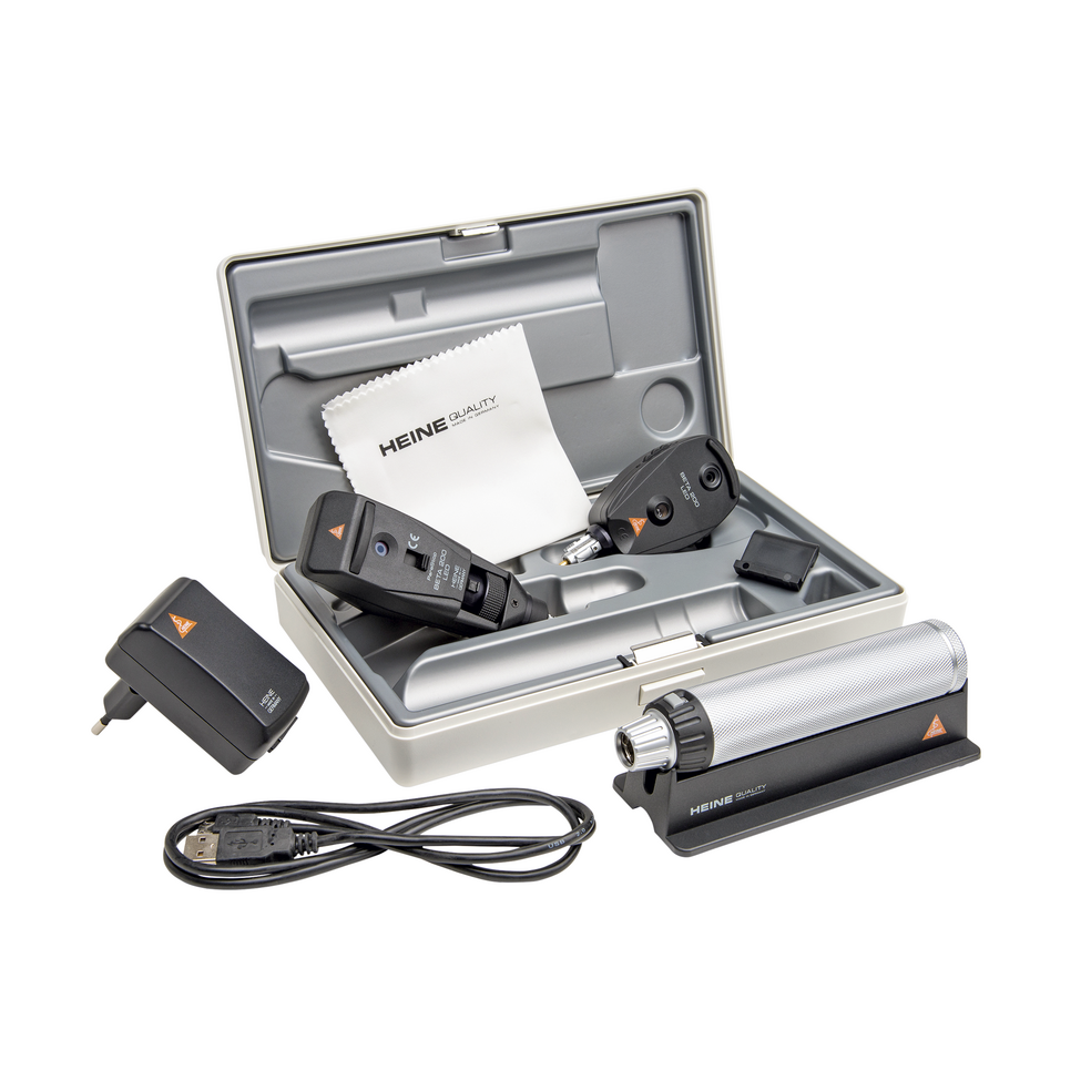 HEINE BETA 200 LED Ophthalmoskop, BETA 200 LED Strich-Skiaskop, BETA4 USB Ladegriff mit USB Kabel und Steckernetzteil, Hartschalenetui