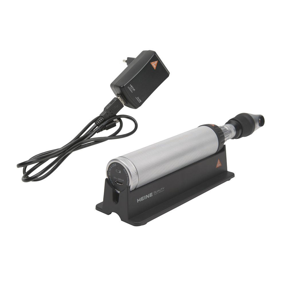 Lampada oftalmica HEINE, manico ricaricabile BETA4 USB con cavo USB e alimentatore a spina