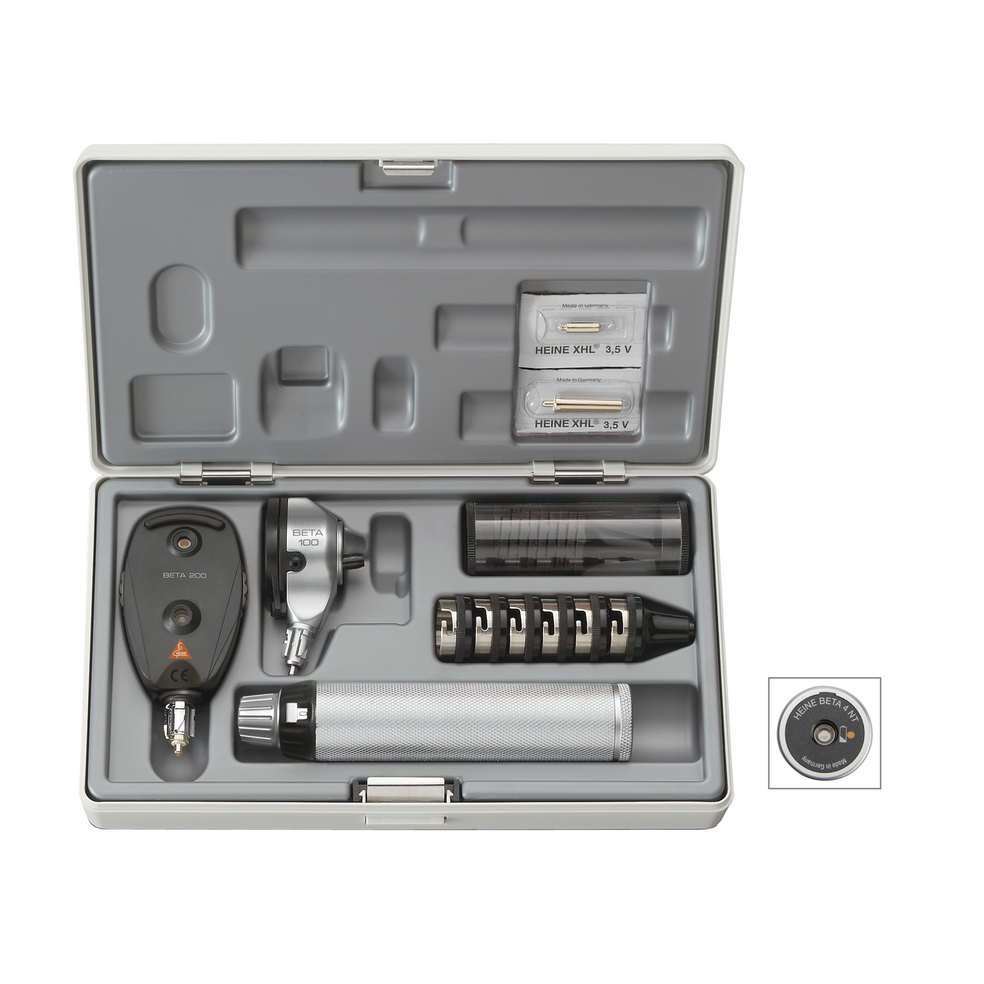 HEINE Combined Diagnostic Sets XHL BETA 200 Ophthalmoscope in XHL, BETA 100 Diagnostic Otoscope, 1 set of reusable specula, 10 UniSpec disposable tips, 4 mm dia., one spare bulb each for XHL version, hard case