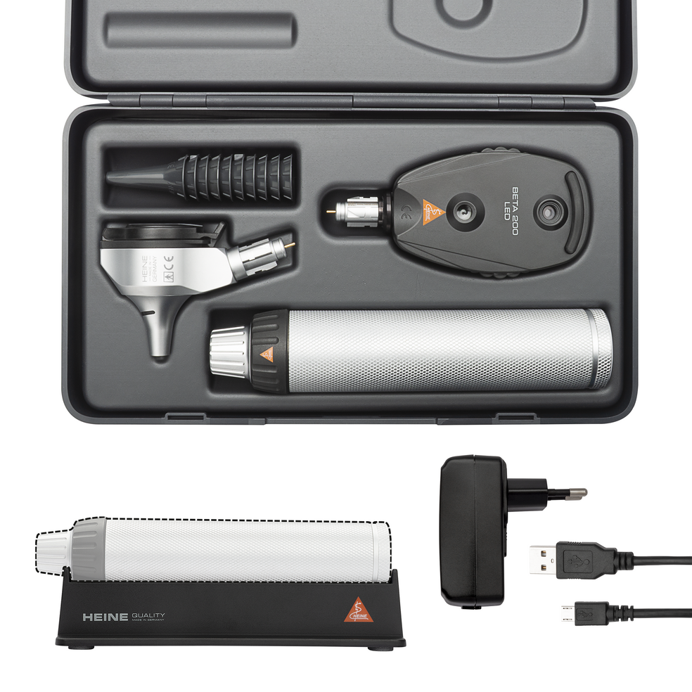 HEINE BETA 200 LED Ophthalmoscope, BETA 400 LED F.O. Otoscope with handle and USB sign