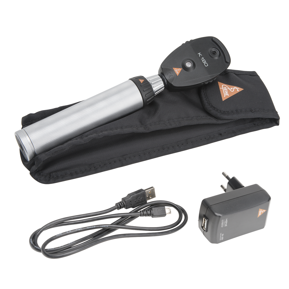 Oftalmoscopio HEINE K180, in versione standard con rotella di apertura 1, astuccio morbido, manico ricaricabile BETA4 USB con cavo USB e alimentatore a spina