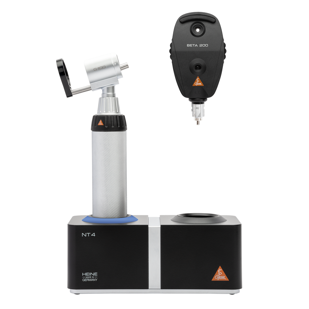 HEINE G100 Slit illumination head, BETA 200 Ophthalmoscope, BETA4 NT rechargeable handle with NT4 table charger